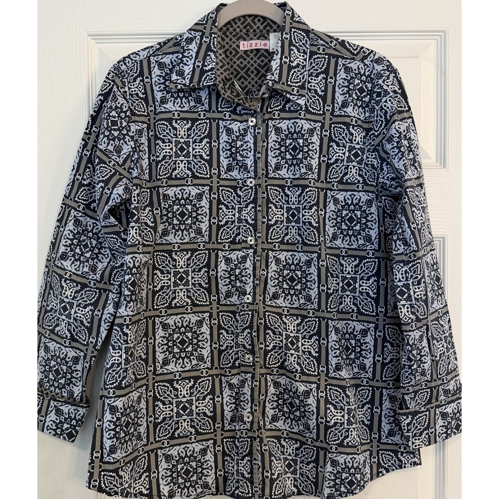Dizzie Lizzie Tizzie Blouse LG Navy Gray Artsy Stretch Chic Avante Garde Coastal
